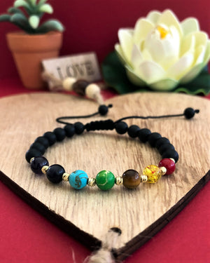 Semi-Precious Stones Bracelet - 7 Chakras & Black Agate - Gold 14K