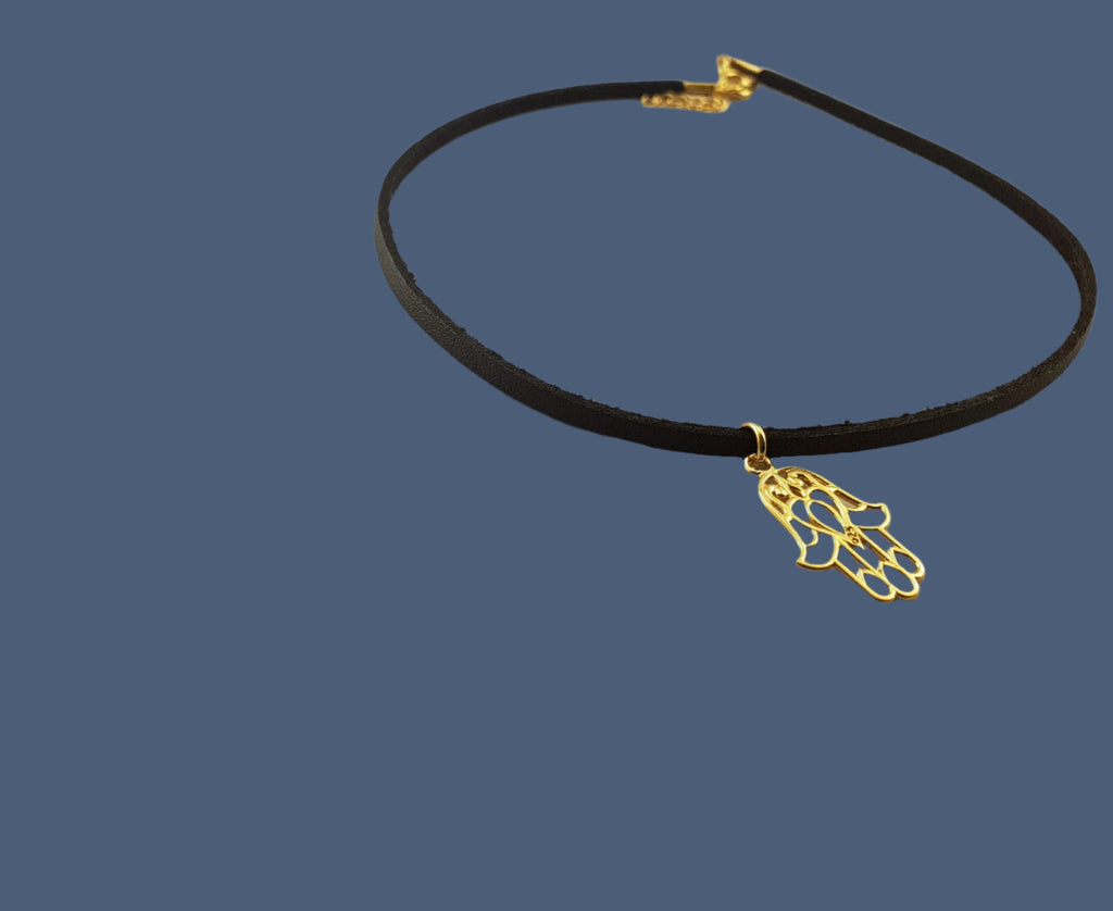 Leather Necklace - GOLD PLATED 24K HAMSA HAND - By Janine Jewellery