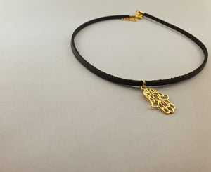 Leather Necklace - GOLD PLATED 24K HAMSA HAND - By Janine Jewellery
